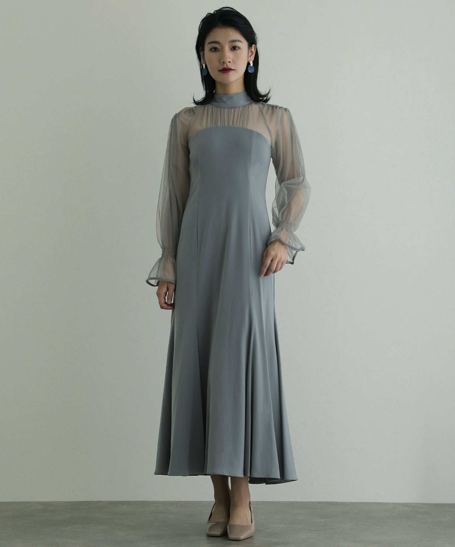 プールヴー PourVous 袖あり&ロングパーティードレスチュールお呼ばれ結婚式フォーマル ワンピース 20代 30代 40代 (ブルー) ブルー