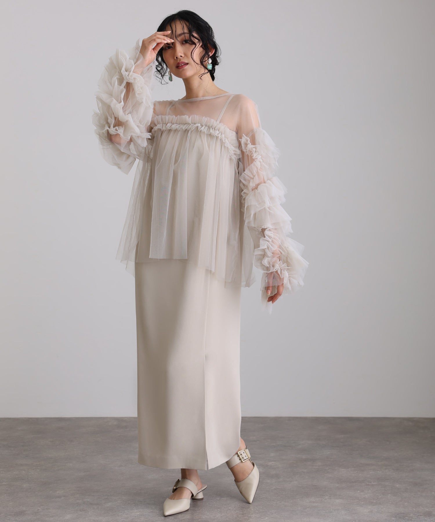 プールヴー PourVous ギャザーチュールトップス フォーマル ワンピース パーティードレス 20代 30代 40代,ベージュ