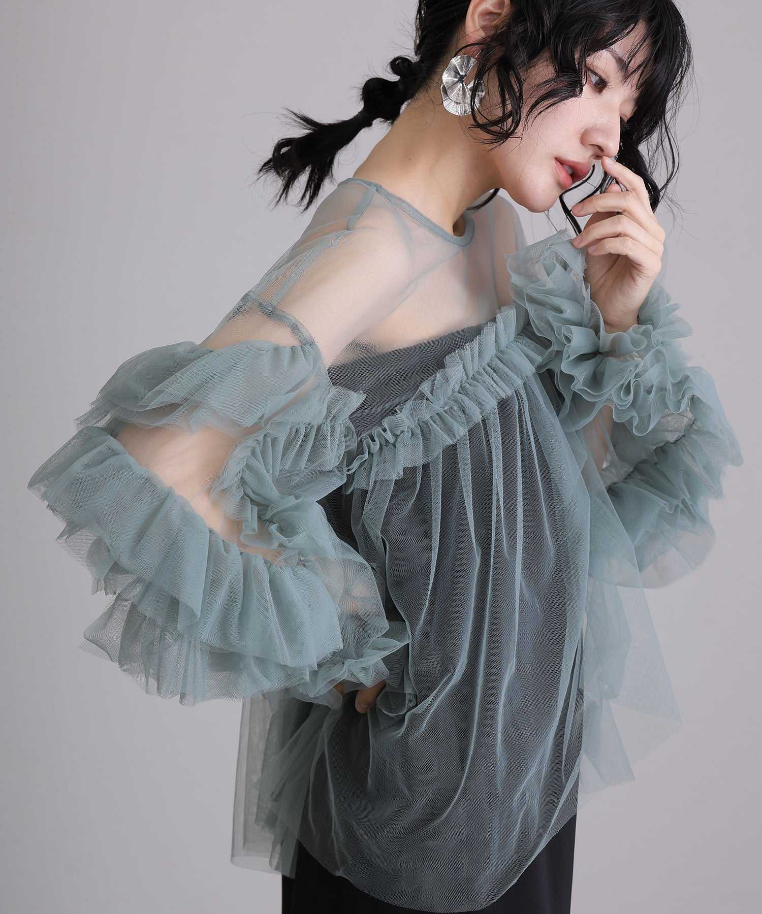 プールヴー PourVous ギャザーチュールトップス フォーマル ワンピース パーティードレス 20代 30代 40代,グリーン