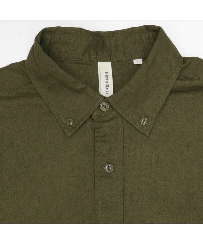 ピッタリ Pitta Re:) 綿麻 ラウンドテール ボタンダウン 半袖カジュアルシャツ (オリーブグリーン) オリーブグリーン