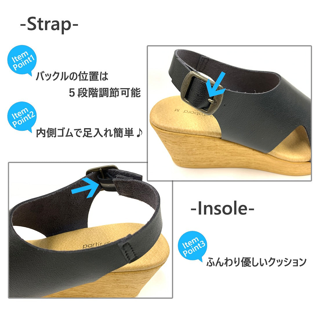 パルティエ ダボール partir d'abord 日本製 オープントゥウェッジソール ストラップサンダル (BLACK) BLACK
