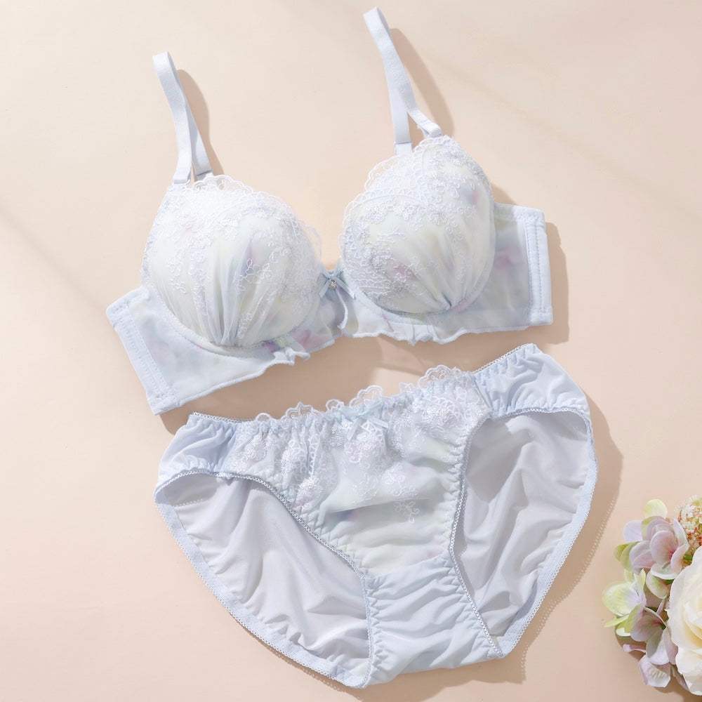 パリーゼ Palissee 【EFカップ】フルールシフォンフリル3/4モールドカップブラ&ショーツ【返品不可商品】 (サックス) サックス