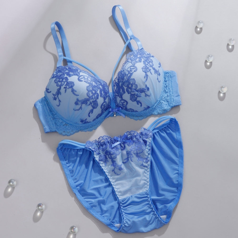 パリーゼ Palissee 【EFカップ】レディアントフラワーレース3/4モールドカップブラ&ショーツ【返品不可商品】 (ブルー) ブルー