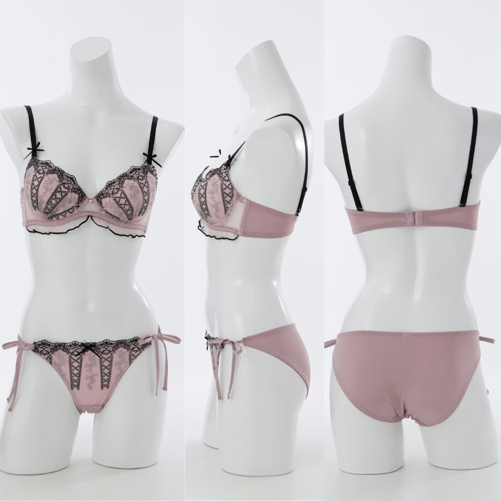 パリーゼ Palissee バイカラーリボン刺しゅう ブラ&ひもショーツ 紐パン【返品不可商品】 (ピンク) ピンク