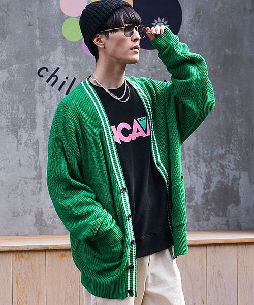 キャバリア CavariA CavariA ライン入りビッグシルエット長袖ボタンカーディガン メンズ ブランド ライン ボタン ストレッチ 長袖 伸縮性 トップス オーバーサイズ 羽織 韓