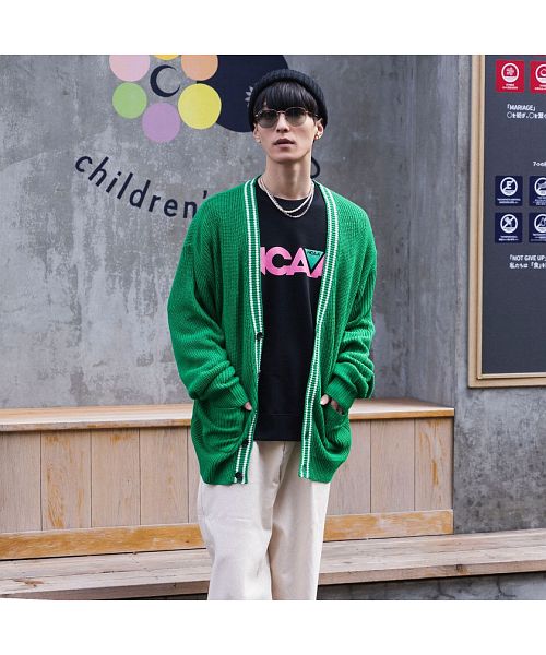 キャバリア CavariA CavariA ライン入りビッグシルエット長袖ボタンカーディガン メンズ ブランド ライン ボタン ストレッチ 長袖 伸縮性 トップス オーバーサイズ 羽織 韓