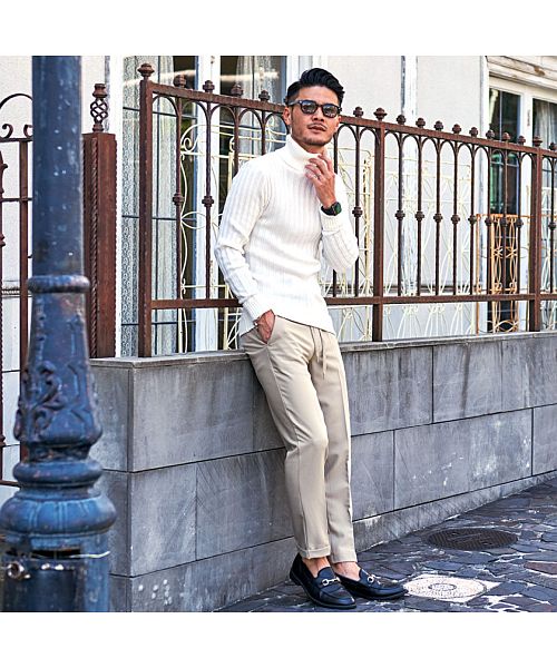 キャバリア CavariA CavariA リブ編みタートルネック長袖コットンニットソー