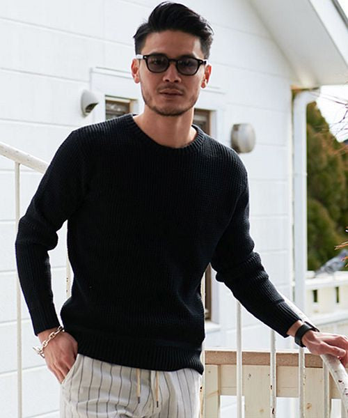 キャバリア CavariA CavariA ラーベン編みクルーネック長袖コットンニットソー,BLK(ブラック)