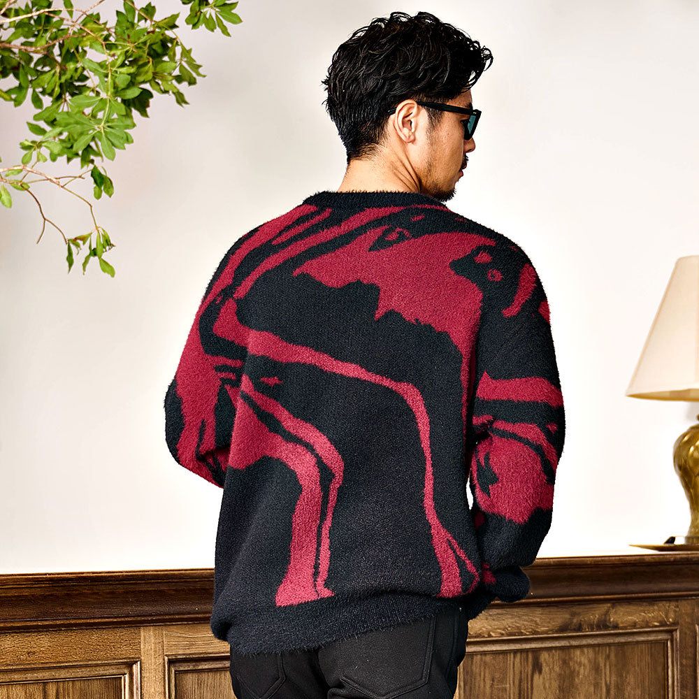 キャバリア CavariA CavariA 5Gフェザーヤーンマーブル柄クルー ニット (02.BLK×CHA(ブラック×チャコール)) 02.BLK×CHA(ブラック×チャコール)