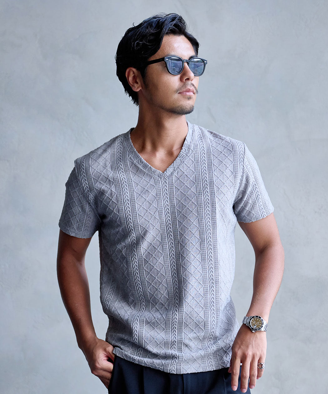 キャバリア CavariA CavariA 汚し加工格子ケーブル半袖VネックTEE (10(GRY/グレー)) 10(GRY/グレー)