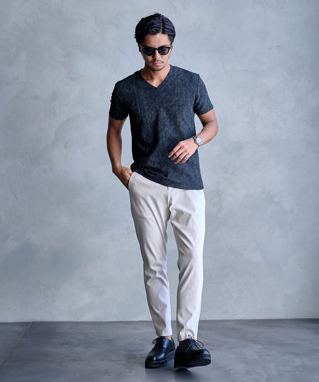 キャバリア CavariA CavariA 汚し加工格子ケーブル半袖VネックTEE (10(GRY/グレー)) 10(GRY/グレー)