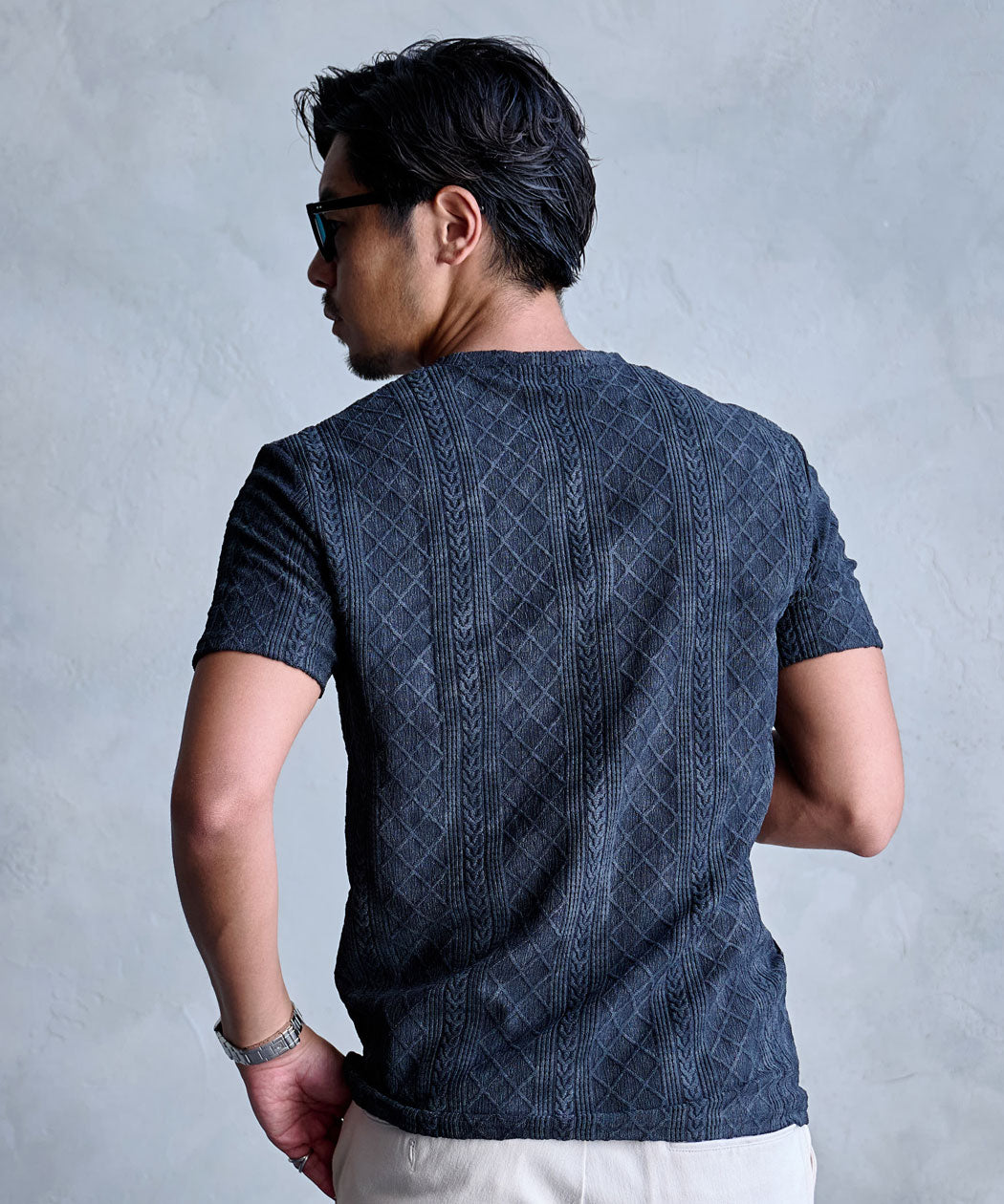 キャバリア CavariA CavariA 汚し加工格子ケーブル半袖VネックTEE (10(GRY/グレー)) 10(GRY/グレー)