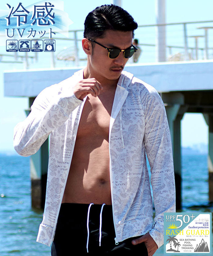 ビッチ VICCI VICCI ラッシュガード長袖ジップアップパーカー 水着 接触冷感 紫外線防止【返品不可商品】,PAISLEY WHT