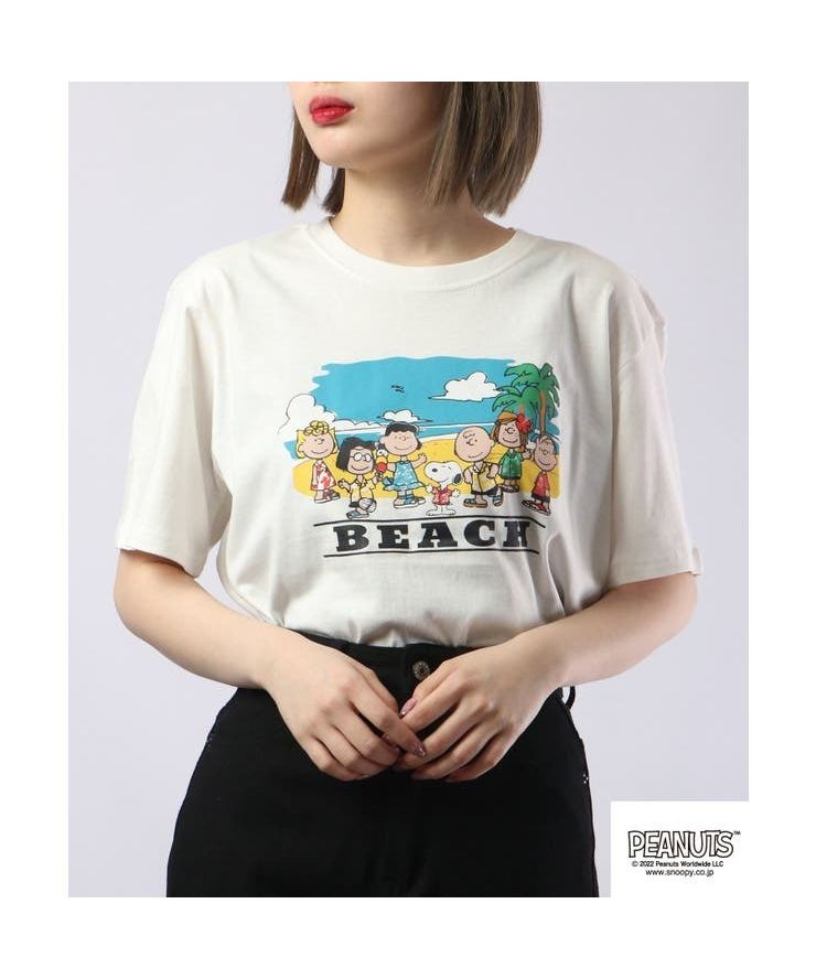 ピーナッツ PEANUTS スヌーピー Tシャツ トップス アロハ プリント 半袖 ロゴ サマー 夏 SNOOPY PEANUTS,オフホワイト