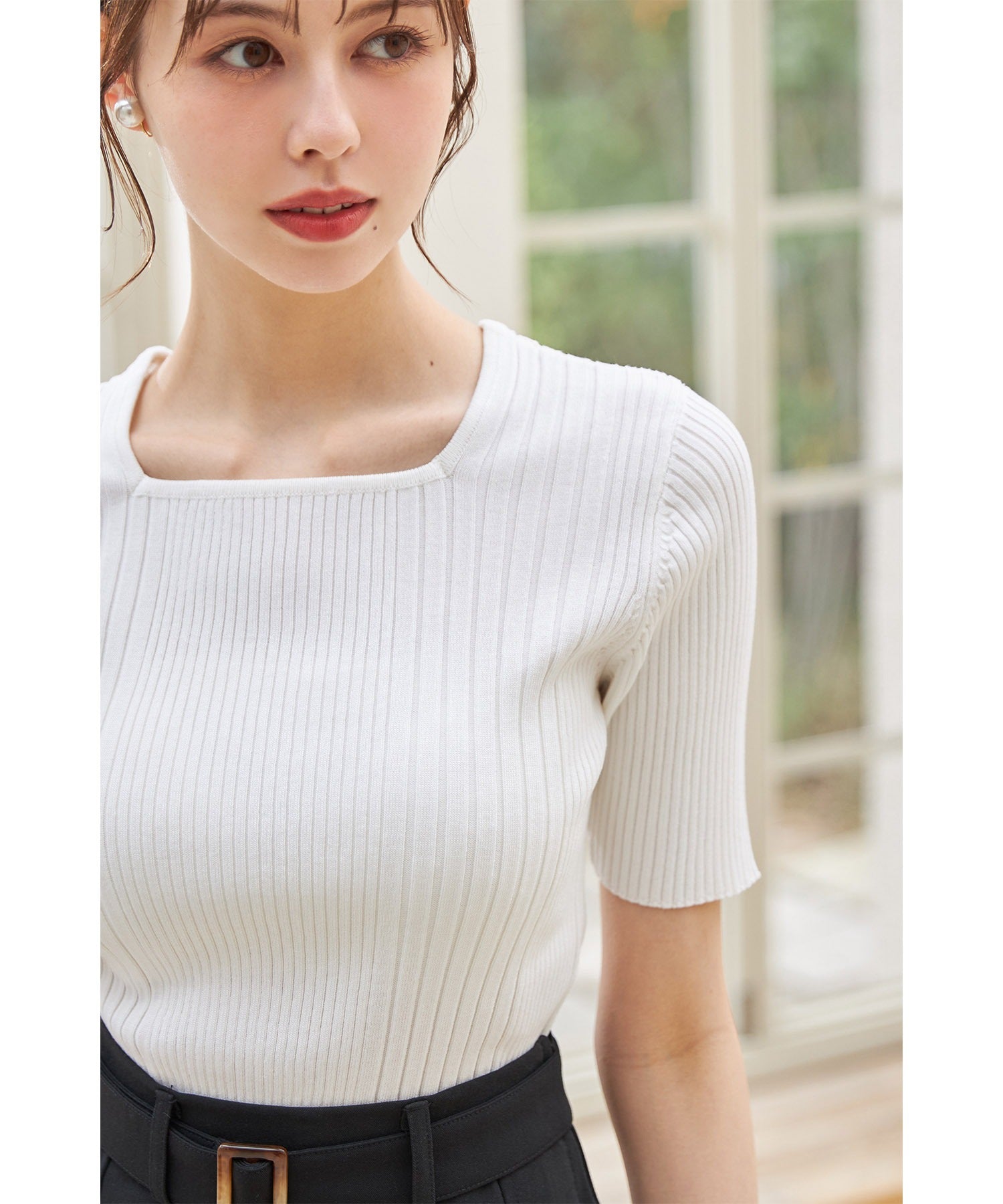 トッコクローゼット tocco closet 接触冷感♪スクエアネックランダムリブニットプルオーバー (オフホワイト) オフホワイト