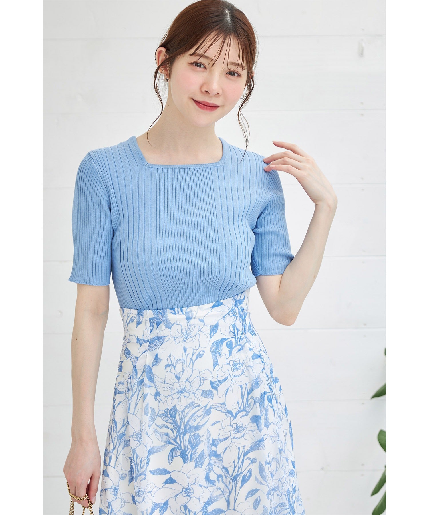 トッコクローゼット tocco closet 接触冷感♪スクエアネックランダムリブニットプルオーバー (オフホワイト) オフホワイト