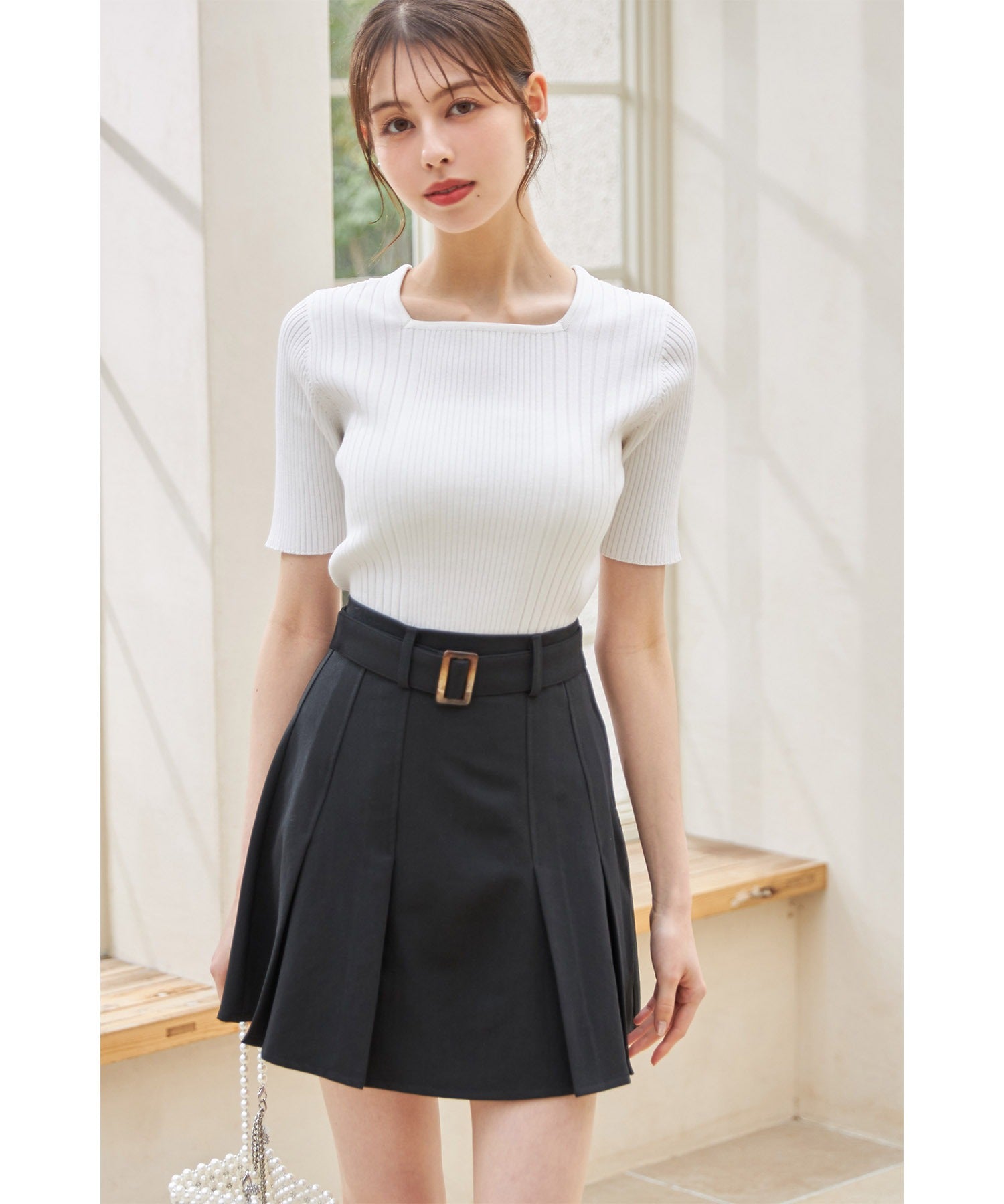 トッコクローゼット tocco closet 接触冷感♪スクエアネックランダムリブニットプルオーバー (オフホワイト) オフホワイト