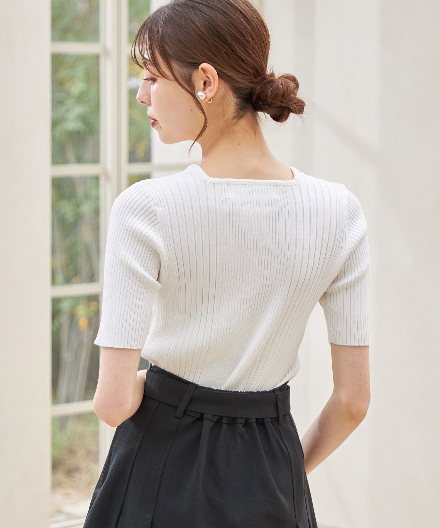 トッコクローゼット tocco closet 接触冷感♪スクエアネックランダムリブニットプルオーバー (オフホワイト) オフホワイト