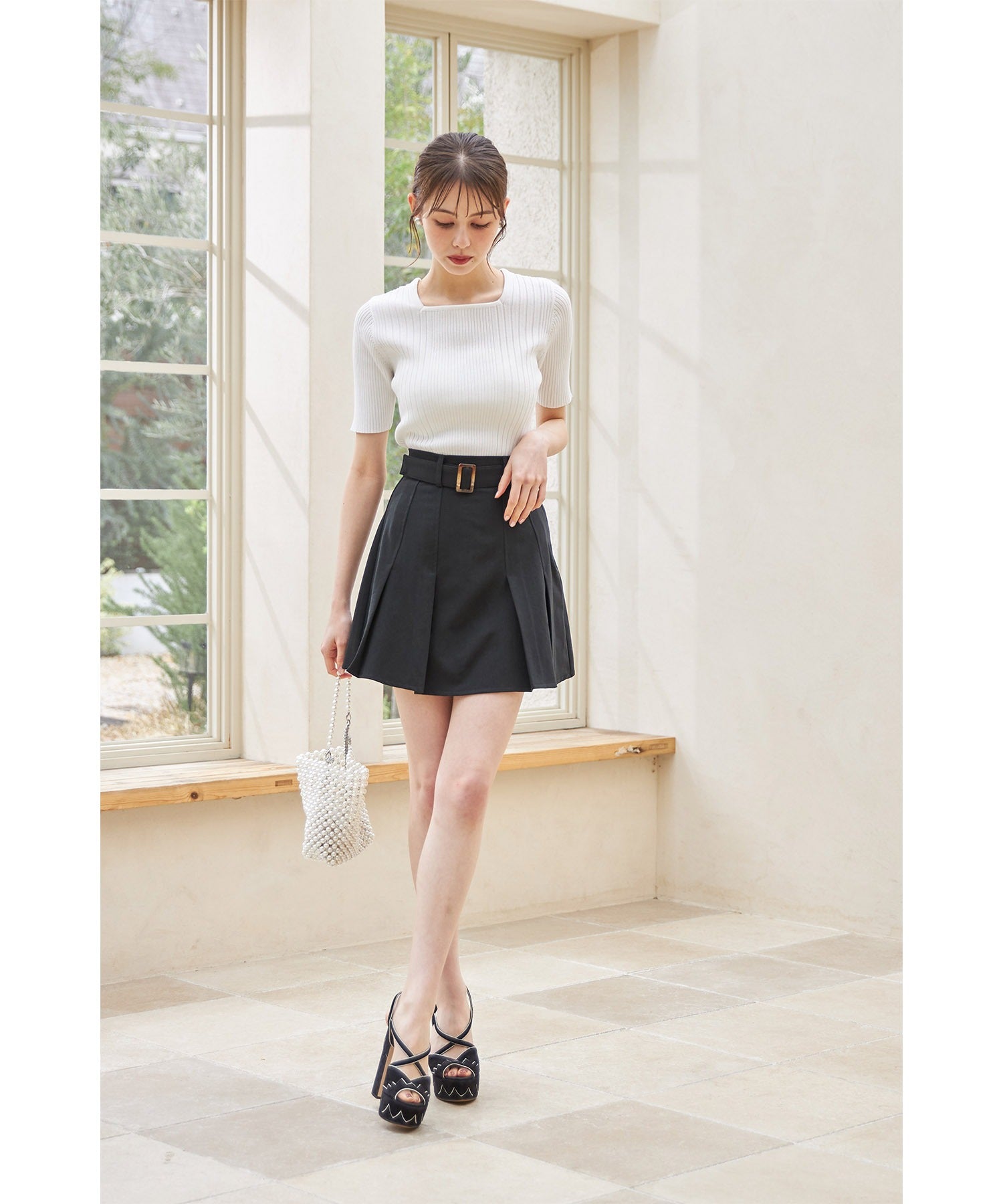 トッコクローゼット tocco closet 接触冷感♪スクエアネックランダムリブニットプルオーバー (オフホワイト) オフホワイト