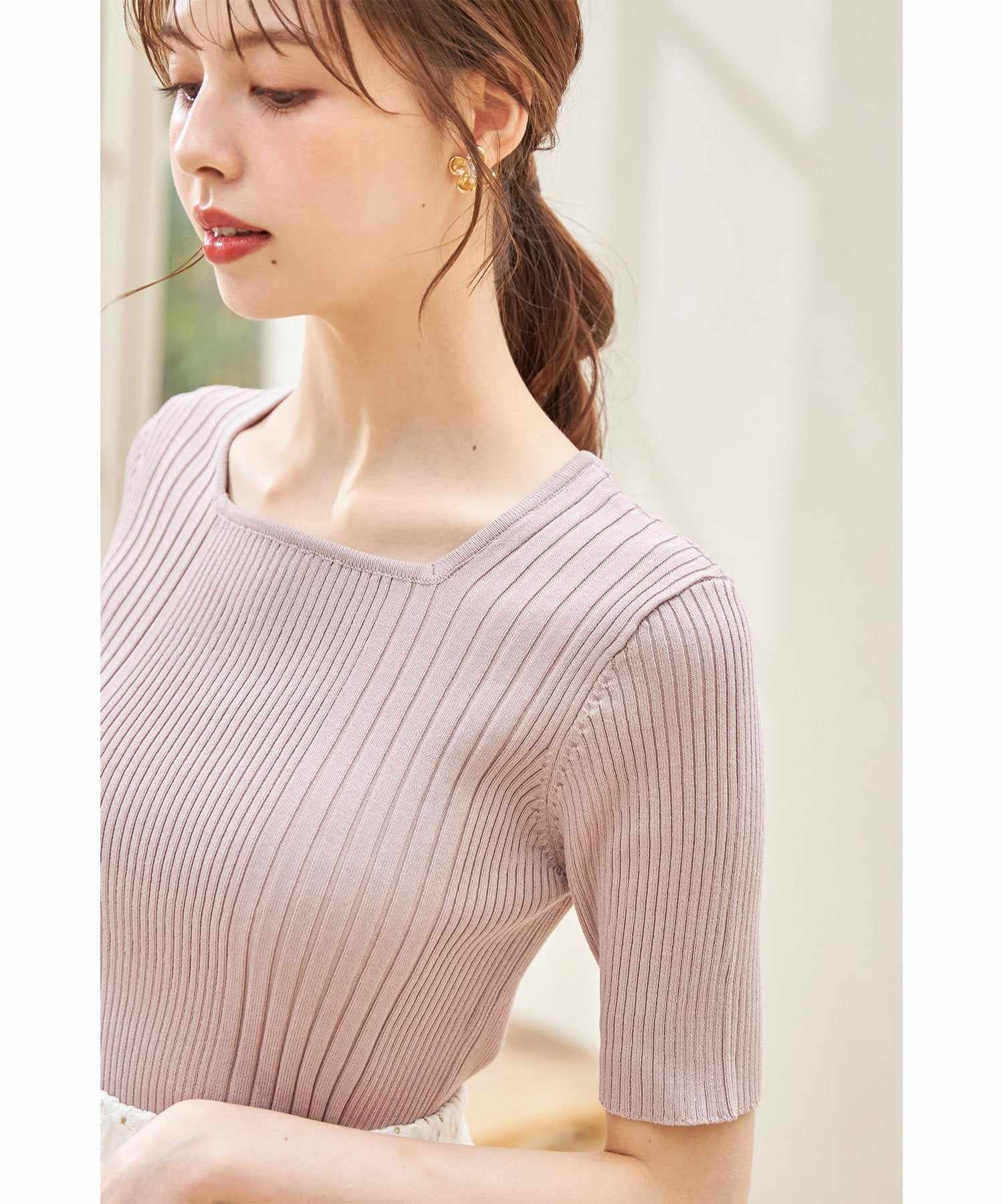 トッコクローゼット tocco closet 接触冷感♪スクエアネックランダムリブニットプルオーバー (オフホワイト) オフホワイト