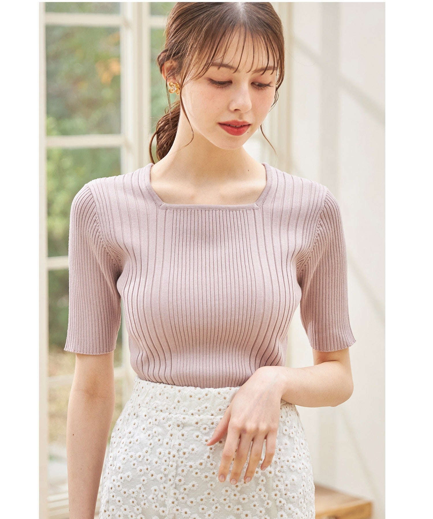 トッコクローゼット tocco closet 接触冷感♪スクエアネックランダムリブニットプルオーバー (オフホワイト) オフホワイト