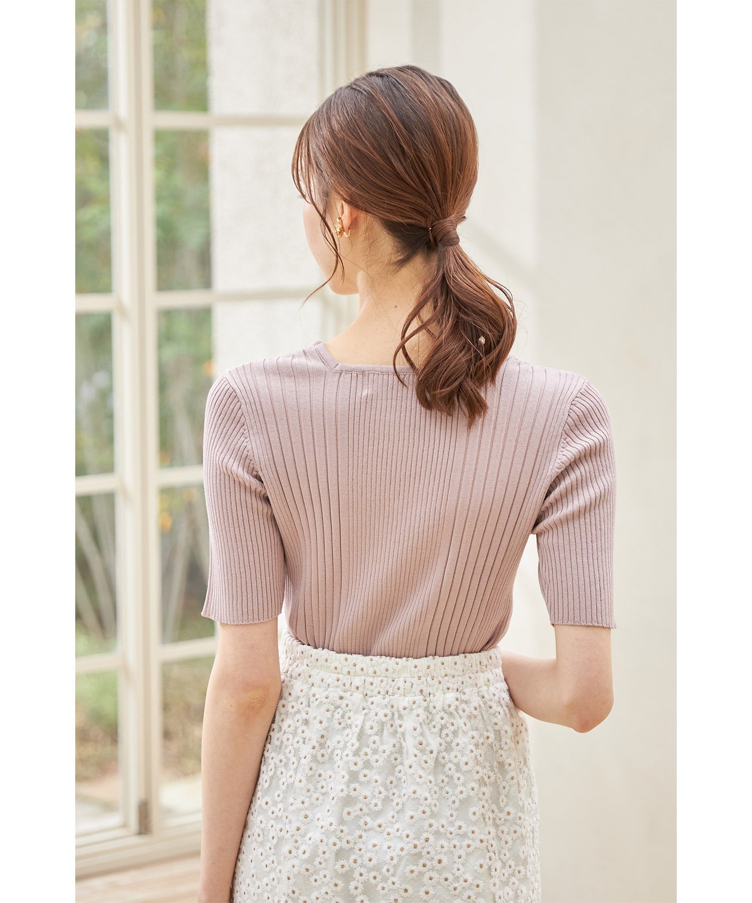 トッコクローゼット tocco closet 接触冷感♪スクエアネックランダムリブニットプルオーバー (オフホワイト) オフホワイト