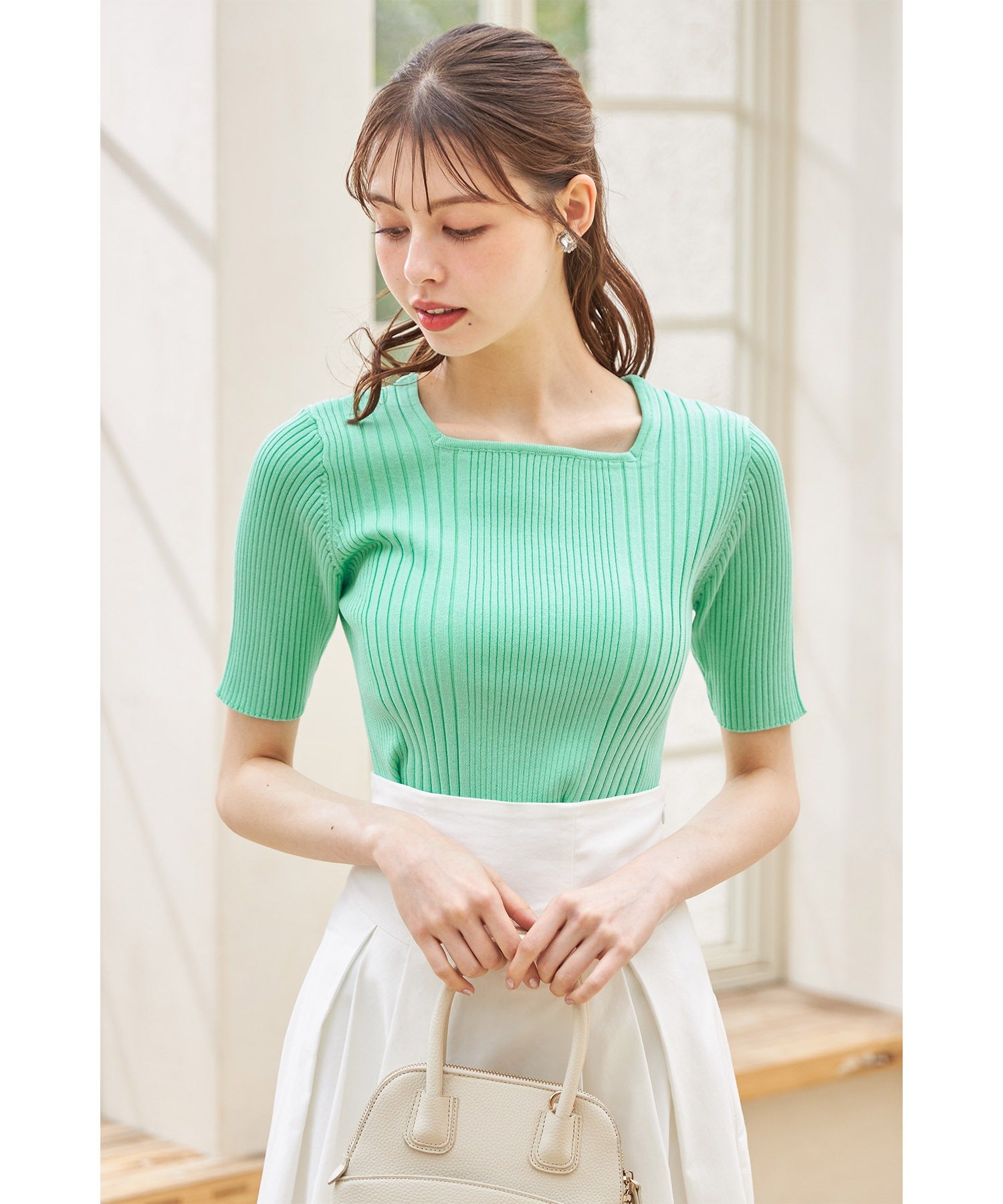 トッコクローゼット tocco closet 接触冷感♪スクエアネックランダムリブニットプルオーバー (オフホワイト) オフホワイト