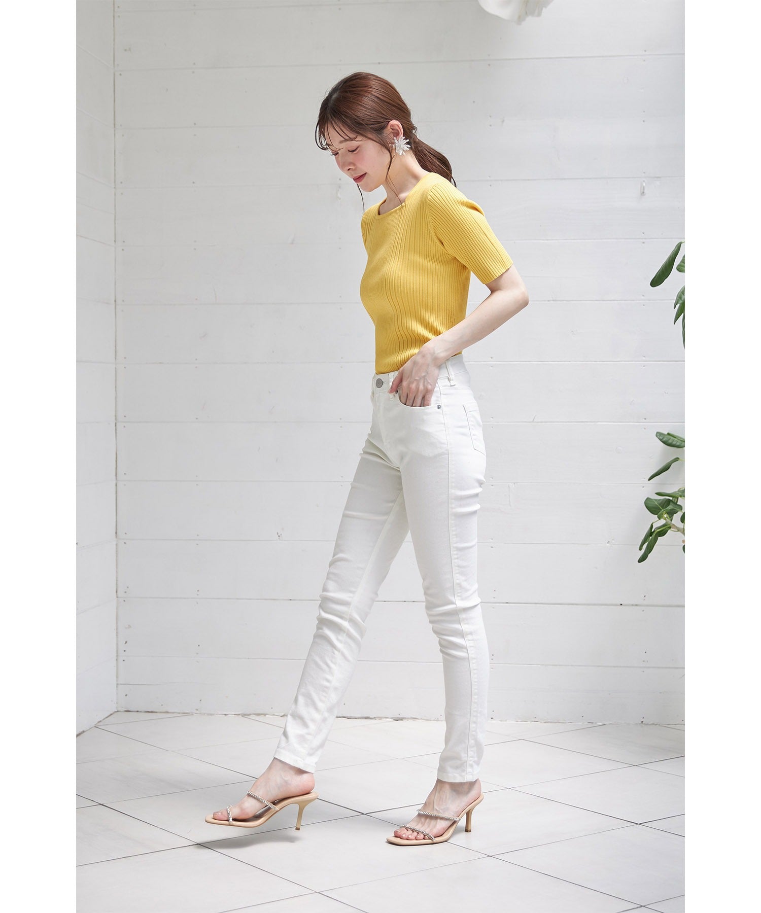 トッコクローゼット tocco closet 接触冷感♪スクエアネックランダムリブニットプルオーバー (オフホワイト) オフホワイト