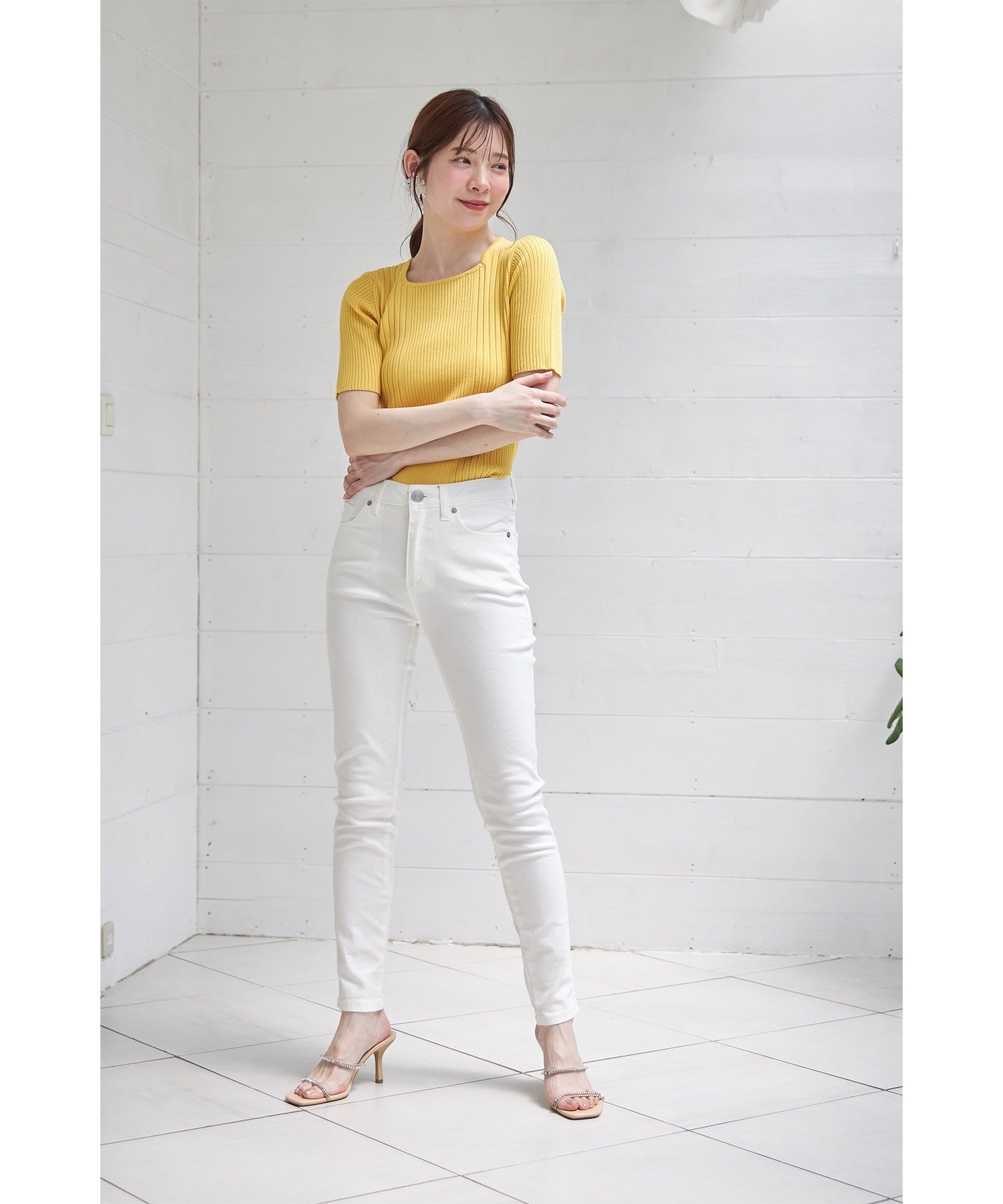 トッコクローゼット tocco closet 接触冷感♪スクエアネックランダムリブニットプルオーバー (オフホワイト) オフホワイト