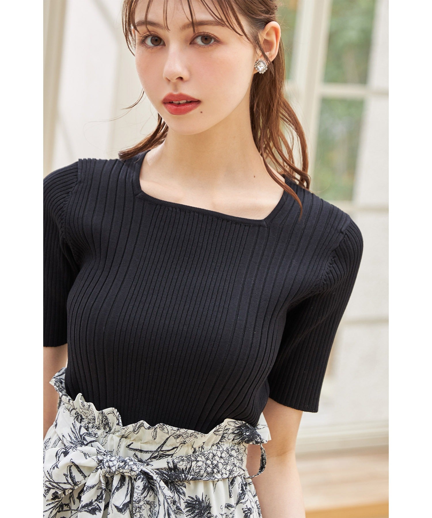 トッコクローゼット tocco closet 接触冷感♪スクエアネックランダムリブニットプルオーバー (オフホワイト) オフホワイト