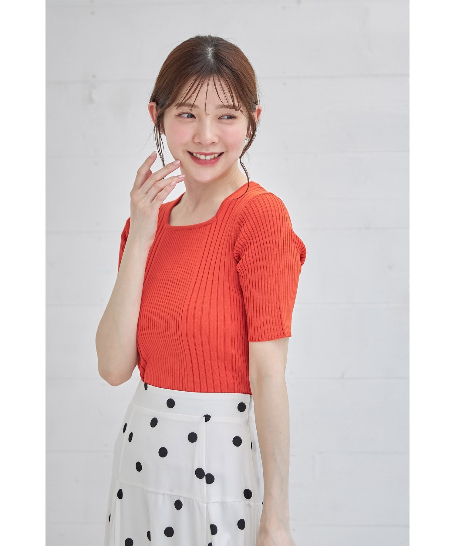 トッコクローゼット tocco closet 接触冷感♪スクエアネックランダムリブニットプルオーバー (オフホワイト) オフホワイト