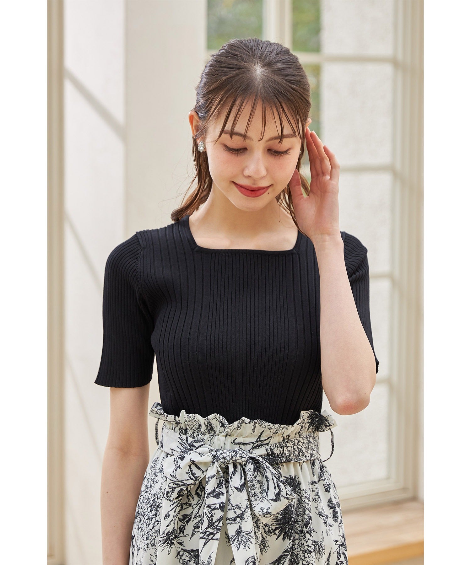 トッコクローゼット tocco closet 接触冷感♪スクエアネックランダムリブニットプルオーバー (ブラック) ブラック