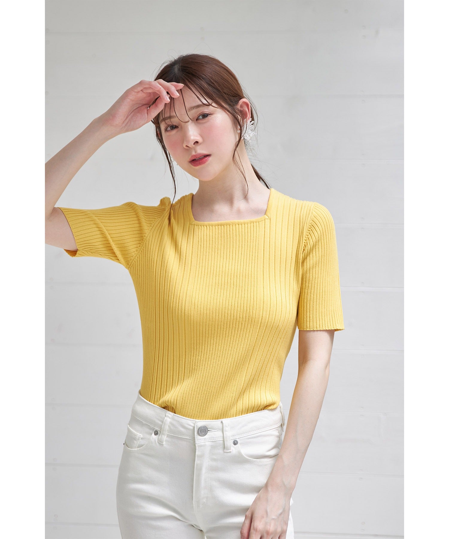 トッコクローゼット tocco closet 接触冷感♪スクエアネックランダムリブニットプルオーバー (イエロー) イエロー