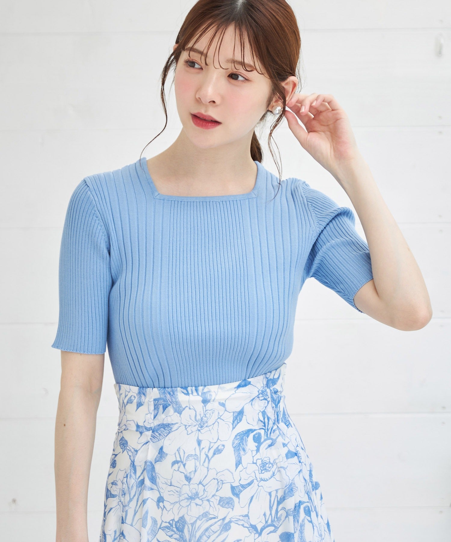 トッコクローゼット tocco closet 接触冷感♪スクエアネックランダムリブニットプルオーバー (ライトブルー) ライトブルー