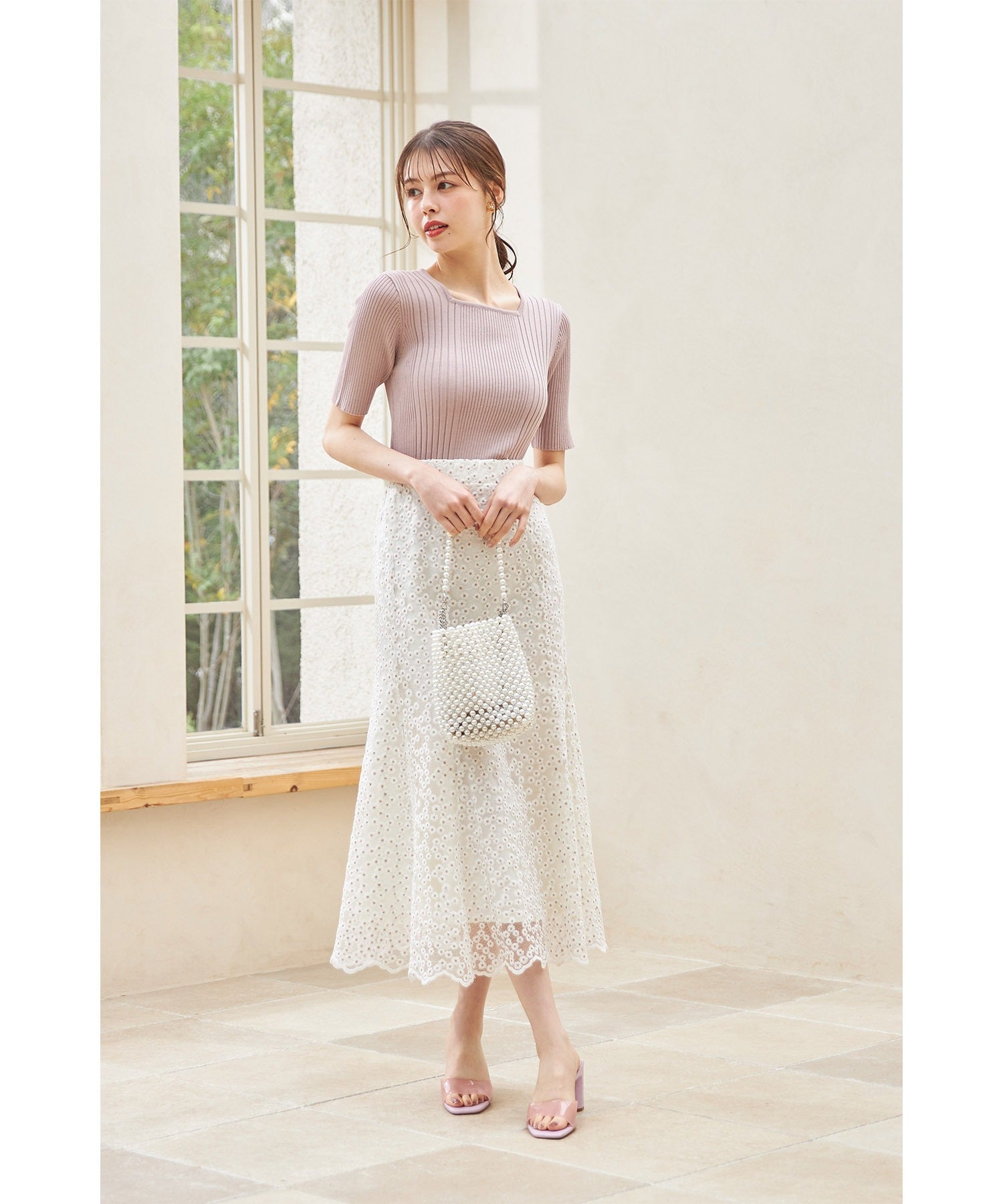 トッコクローゼット tocco closet 接触冷感♪スクエアネックランダムリブニットプルオーバー (ピンク) ピンク