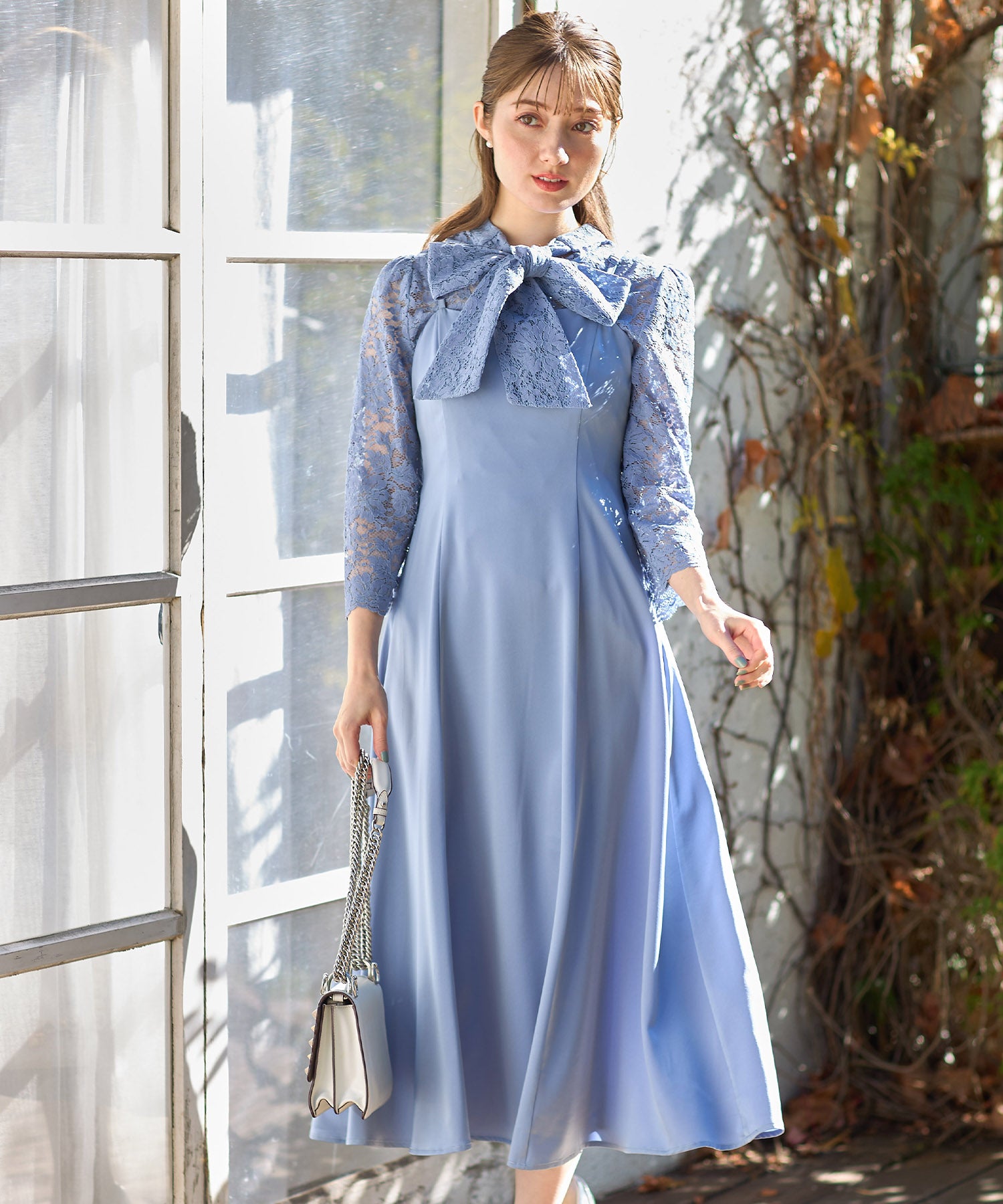 Tocco Closet Multi-Way Bow Tie Ribbon Lace Top × Camisole Dress Set