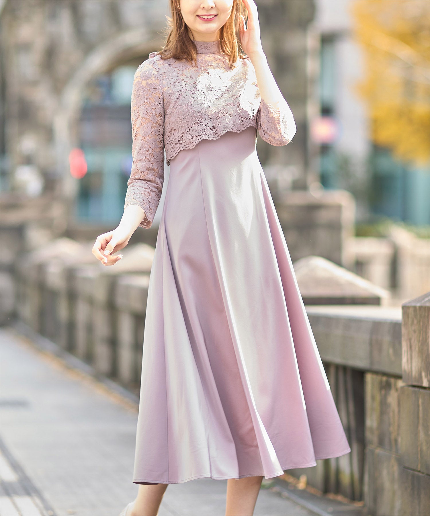 Tocco Closet Multi-Way Bow Tie Ribbon Lace Top × Camisole Dress Set