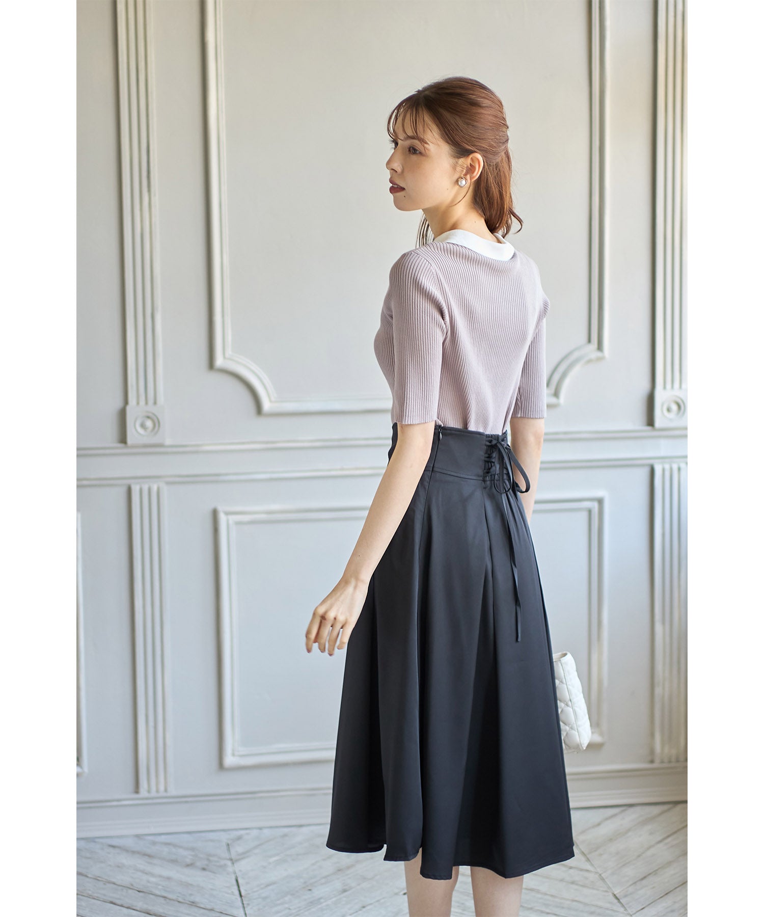 トッコクローゼット tocco closet バックレースアップハートカットハイウエストタックフレアスカート (グレイッシュブルー) グレイッシュブルー