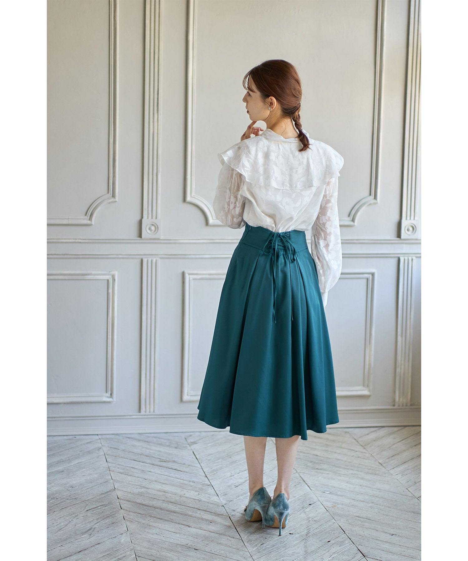 トッコクローゼット tocco closet バックレースアップハートカットハイウエストタックフレアスカート (グレイッシュブルー) グレイッシュブルー