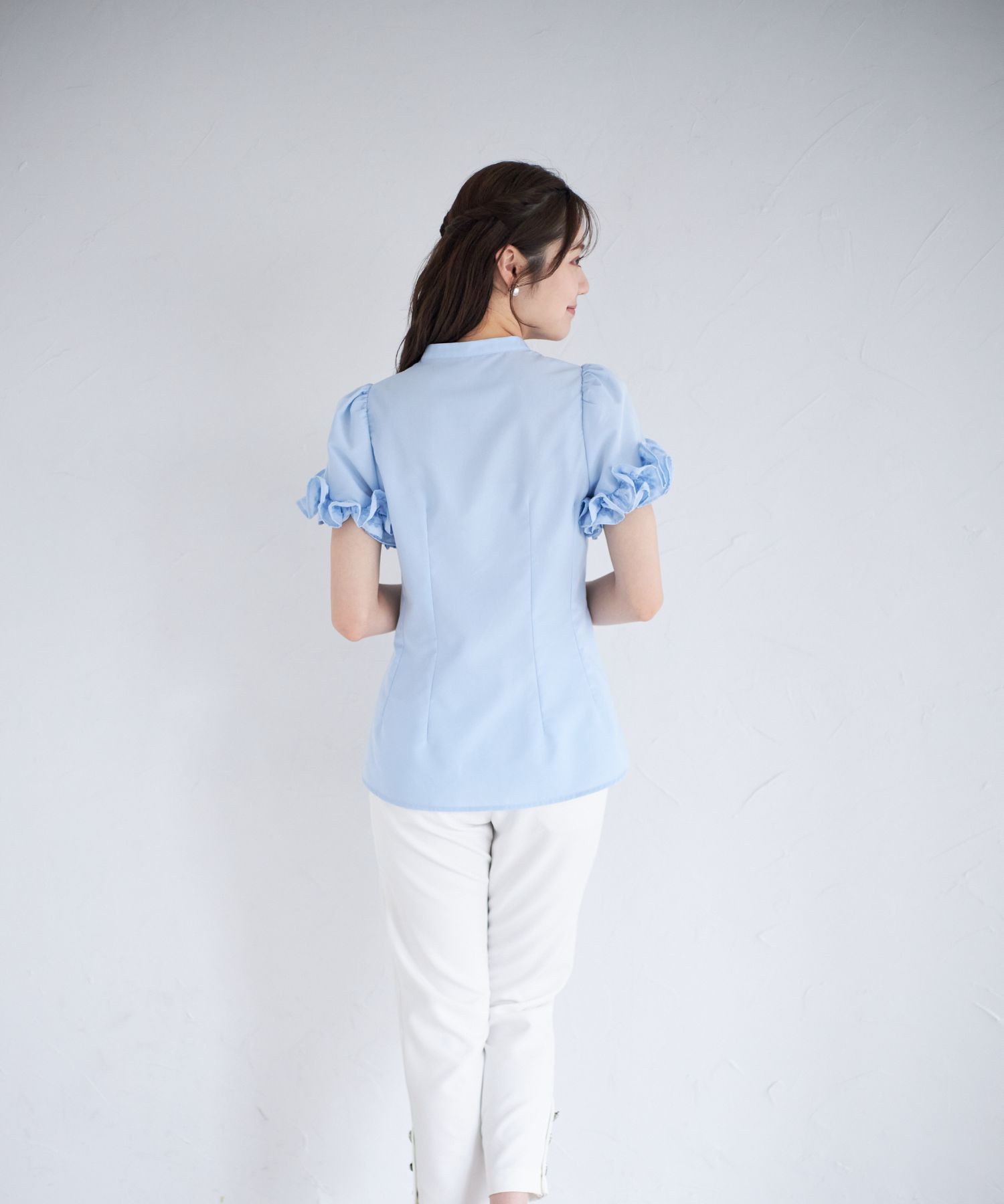 トッコクローゼット tocco closet コットンライクホイップフリルボウタイリボンブラウス (アイスブルー) アイスブルー