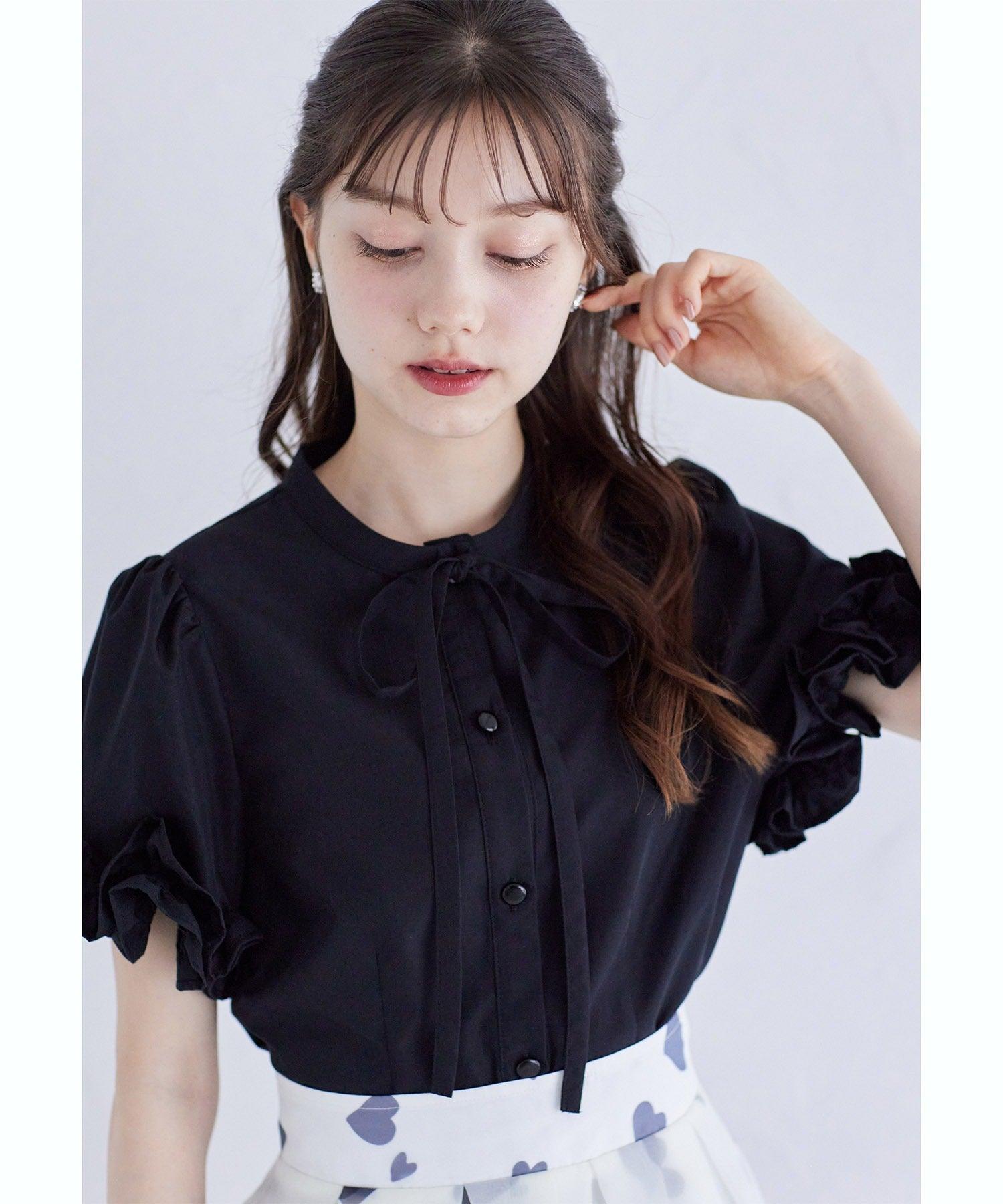 トッコクローゼット tocco closet コットンライクホイップフリルボウタイリボンブラウス (ブラック) ブラック