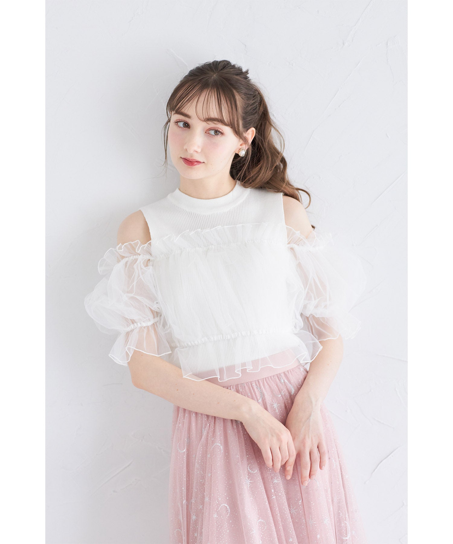 トッコクローゼット tocco closet チュールドッキングリブニットプルオーバー (オフホワイト) オフホワイト