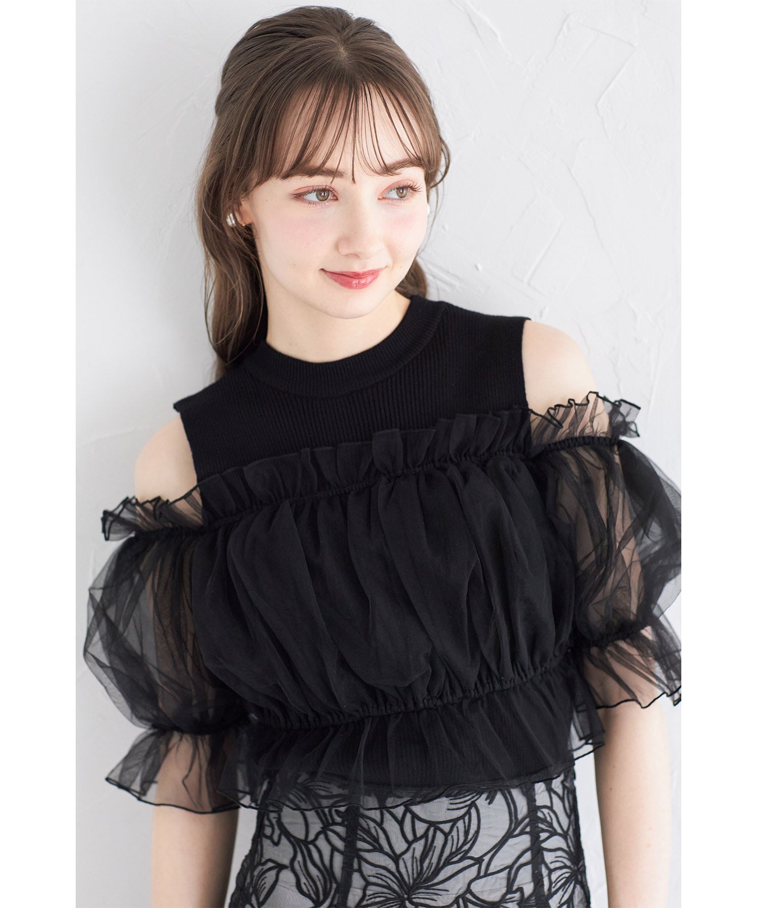 トッコクローゼット tocco closet チュールドッキングリブニットプルオーバー (オフホワイト) オフホワイト