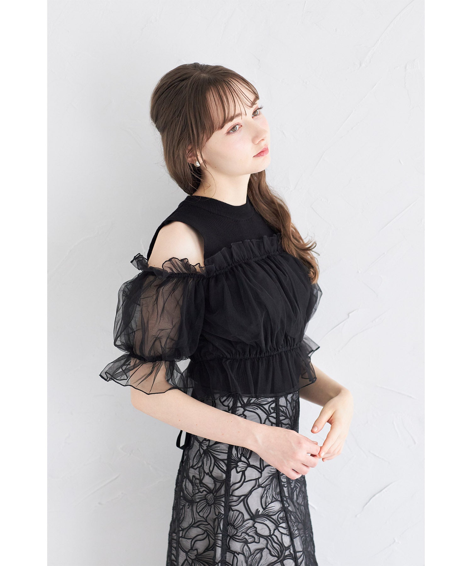 トッコクローゼット tocco closet チュールドッキングリブニットプルオーバー (オフホワイト) オフホワイト