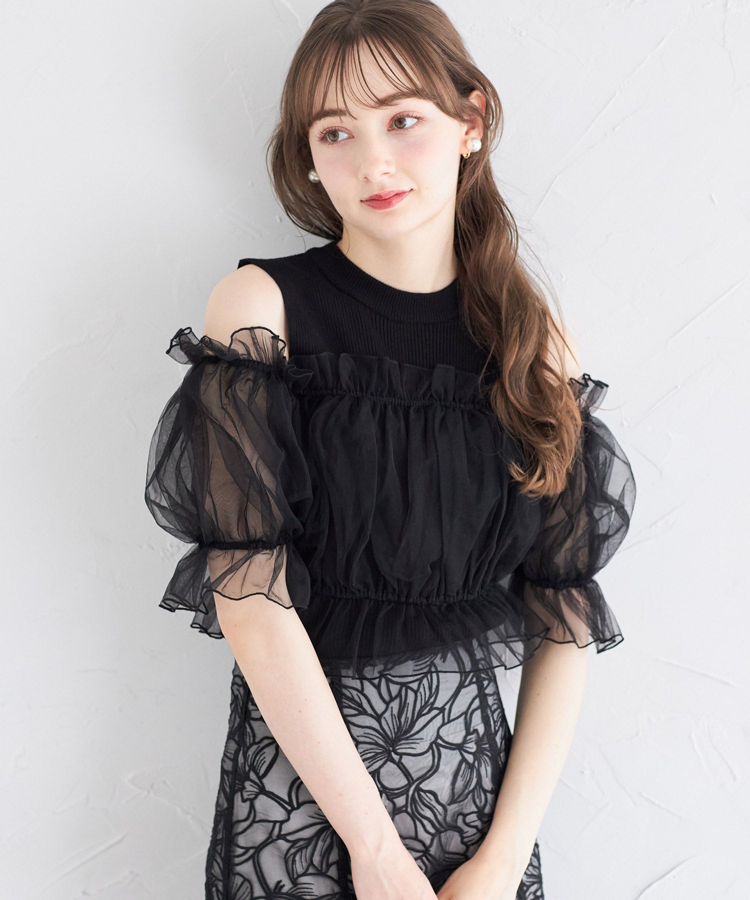 トッコクローゼット tocco closet チュールドッキングリブニットプルオーバー (ブラック) ブラック