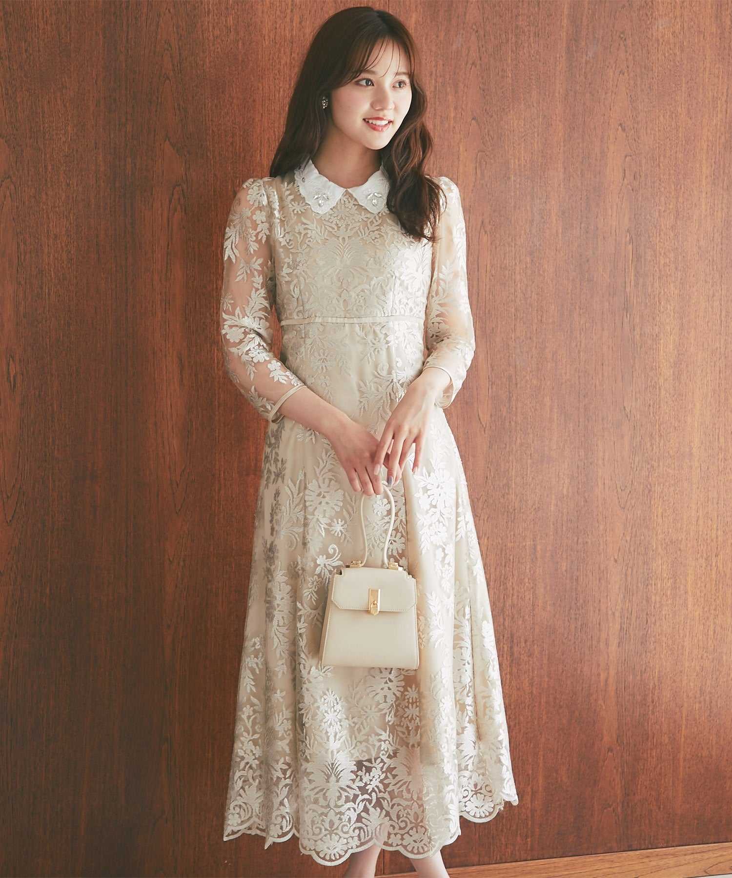 トッコクローゼット tocco closet 取り外し可能な立体フラワー襟付きレースワンピース (シャンパンゴールド) シャンパンゴールド