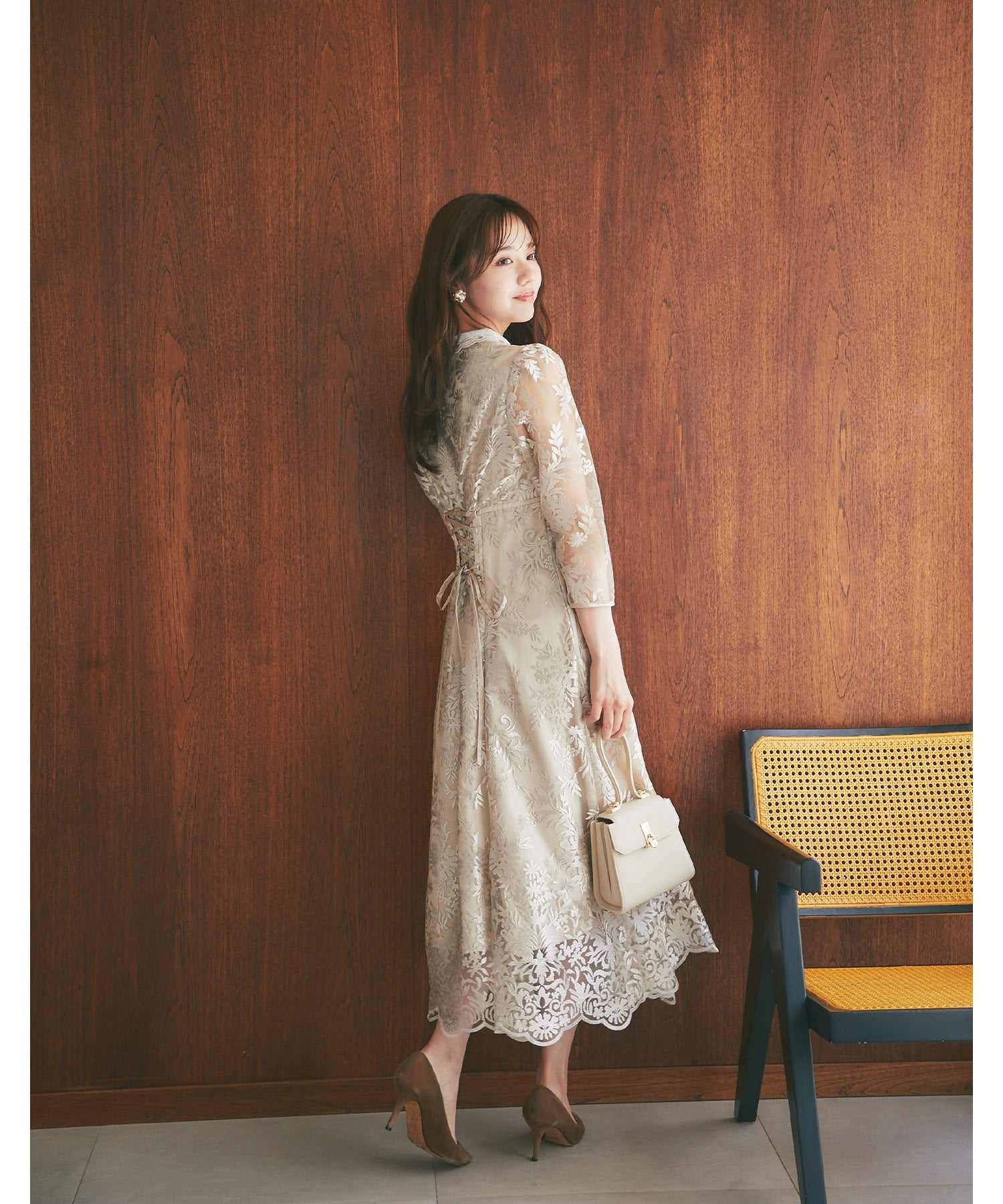 トッコクローゼット tocco closet 取り外し可能な立体フラワー襟付きレースワンピース (シャンパンゴールド) シャンパンゴールド