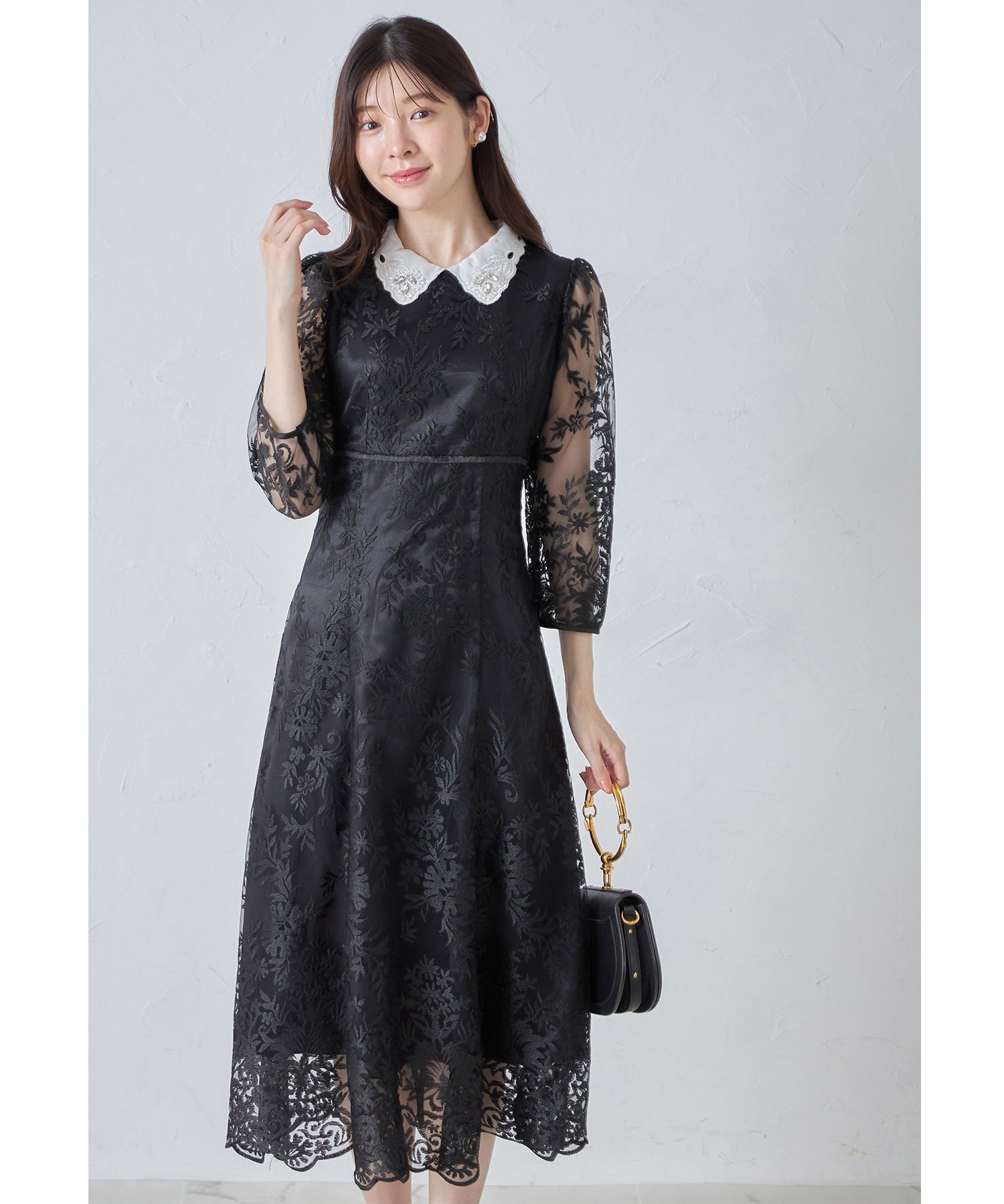 トッコクローゼット tocco closet 取り外し可能な立体フラワー襟付きレースワンピース (ブラック) ブラック