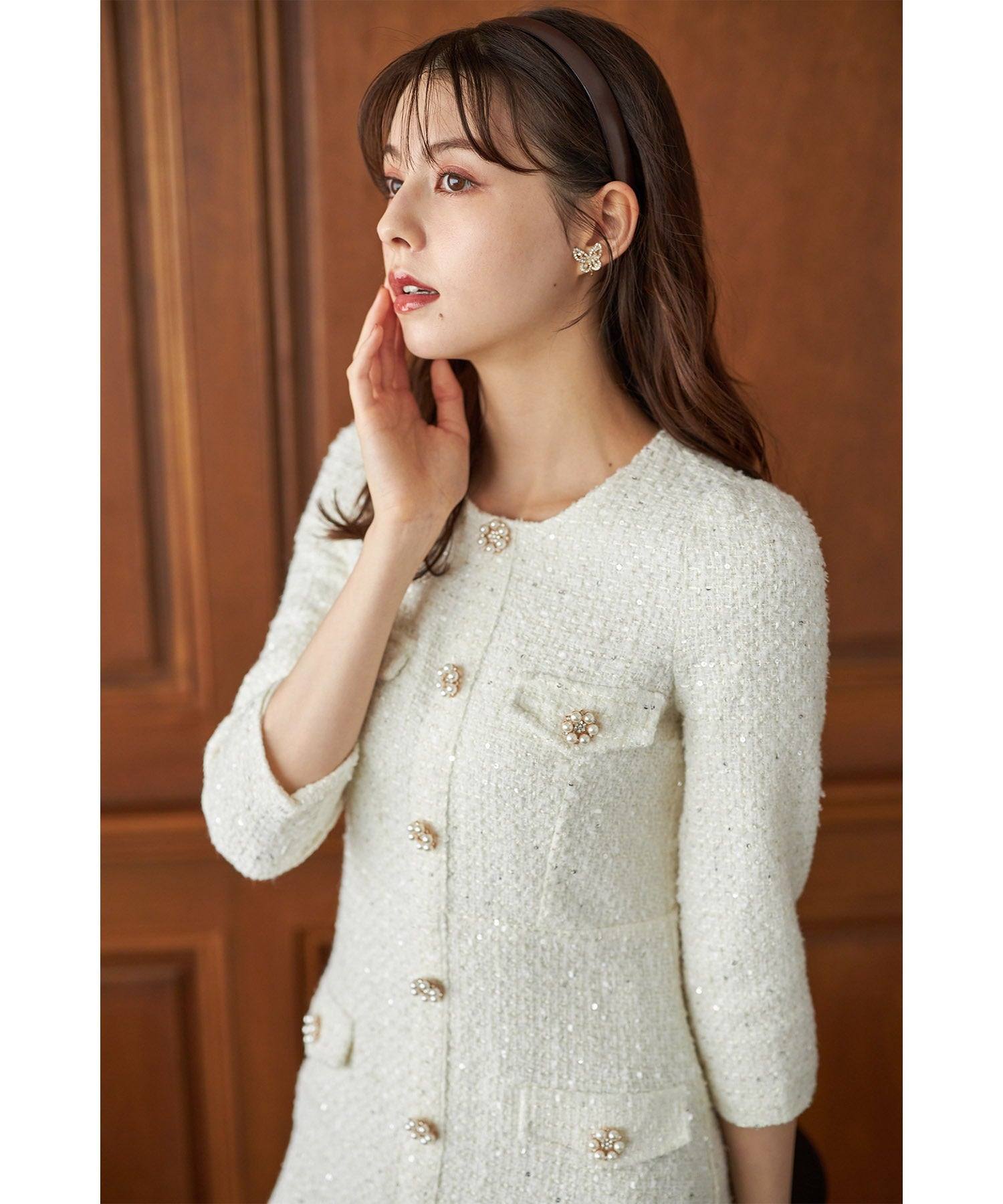 トッコクローゼット tocco closet フェイクポケット付きパールビジュー飾り釦スパンコールツイードミニワンピース