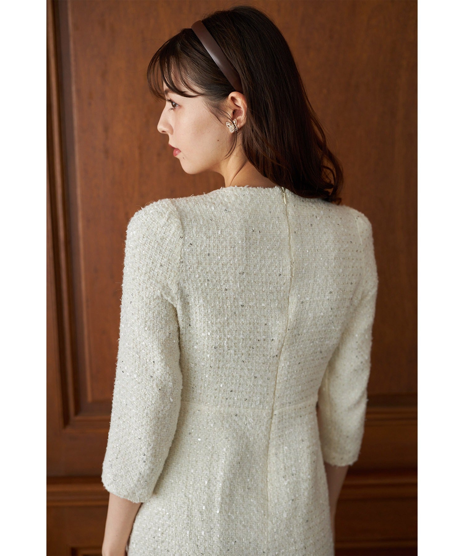 トッコクローゼット tocco closet 假口袋附珍珠珠飾鈕扣亮片呢子迷你連衣裙